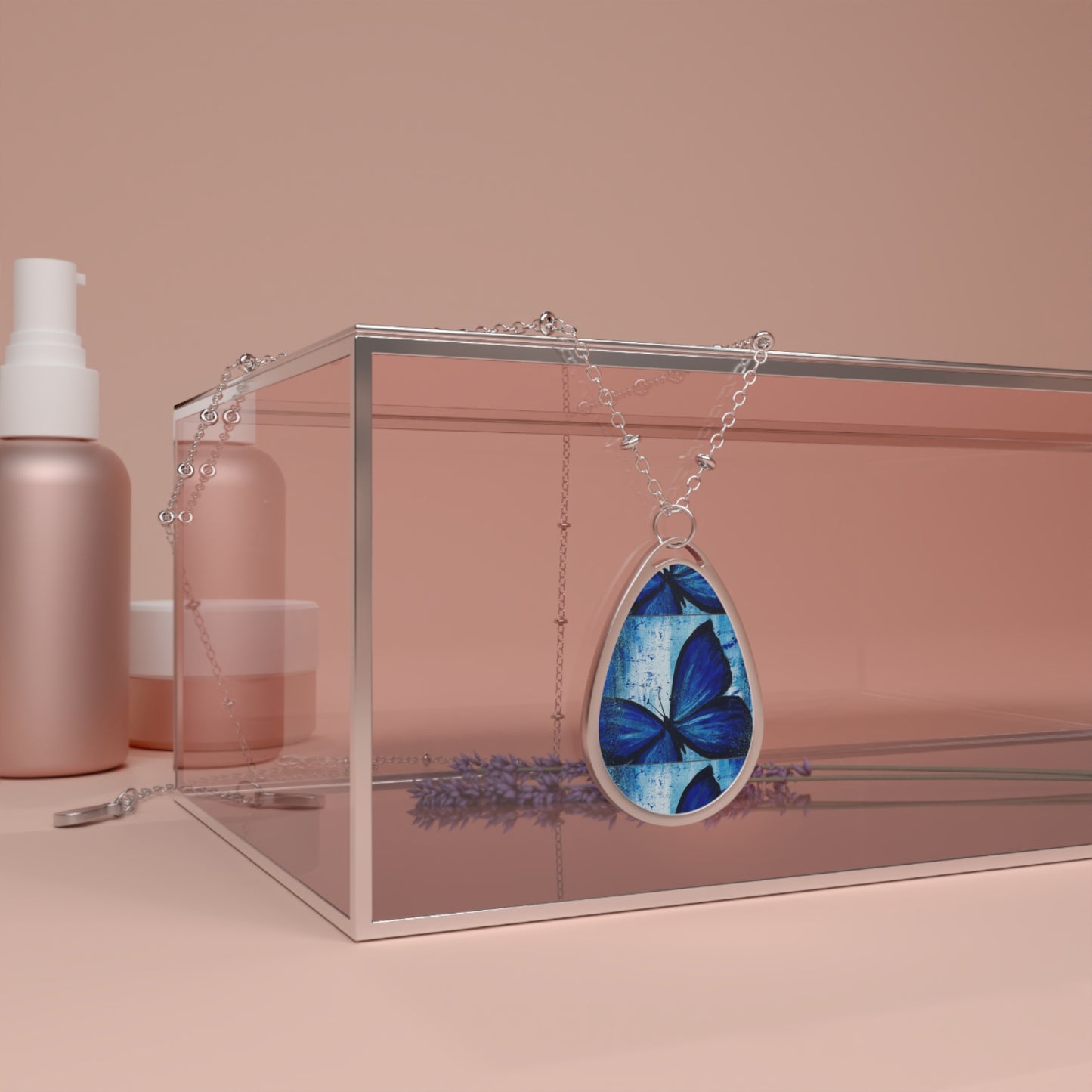 Oval Butterfly Pendant Necklace — Blue Butterfly Teardrop Jewelry