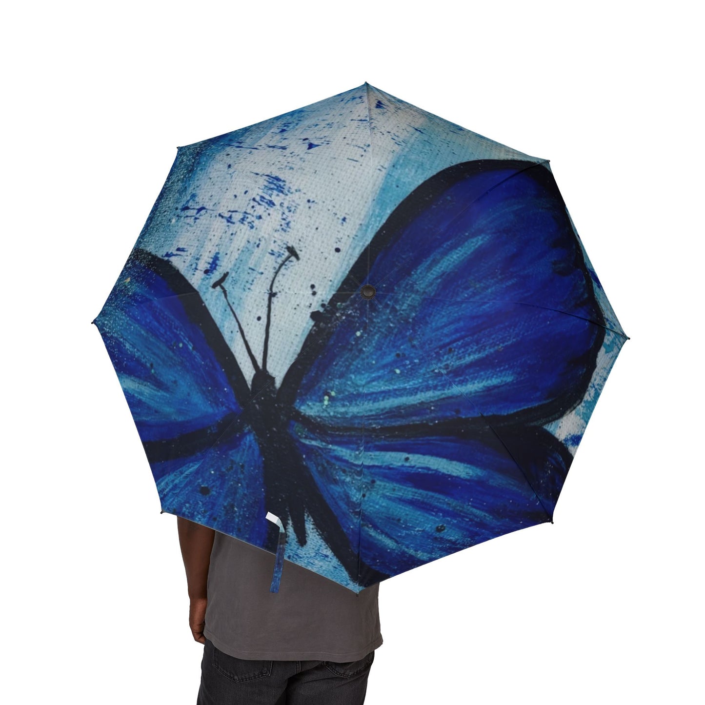 Blue Butterfly Foldable Umbrella — Semi-Automatic Compact Rain Umbrella