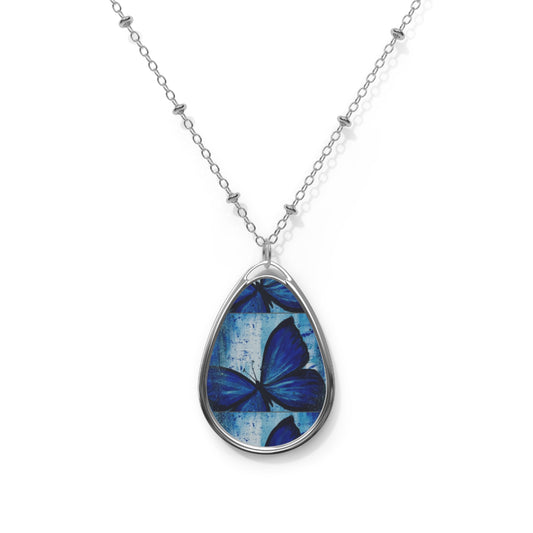 Oval Butterfly Pendant Necklace — Blue Butterfly Teardrop Jewelry