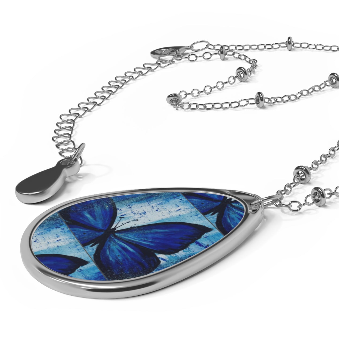 Oval Butterfly Pendant Necklace — Blue Butterfly Teardrop Jewelry