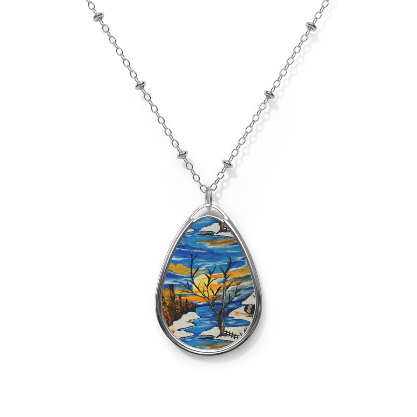 Oval Necklace — Scenic Sunset Landscape Teardrop Pendant Necklace