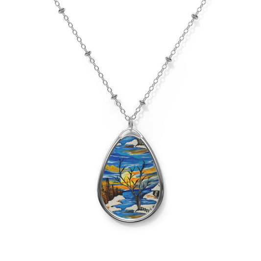 Oval Necklace — Scenic Sunset Landscape Teardrop Pendant Necklace