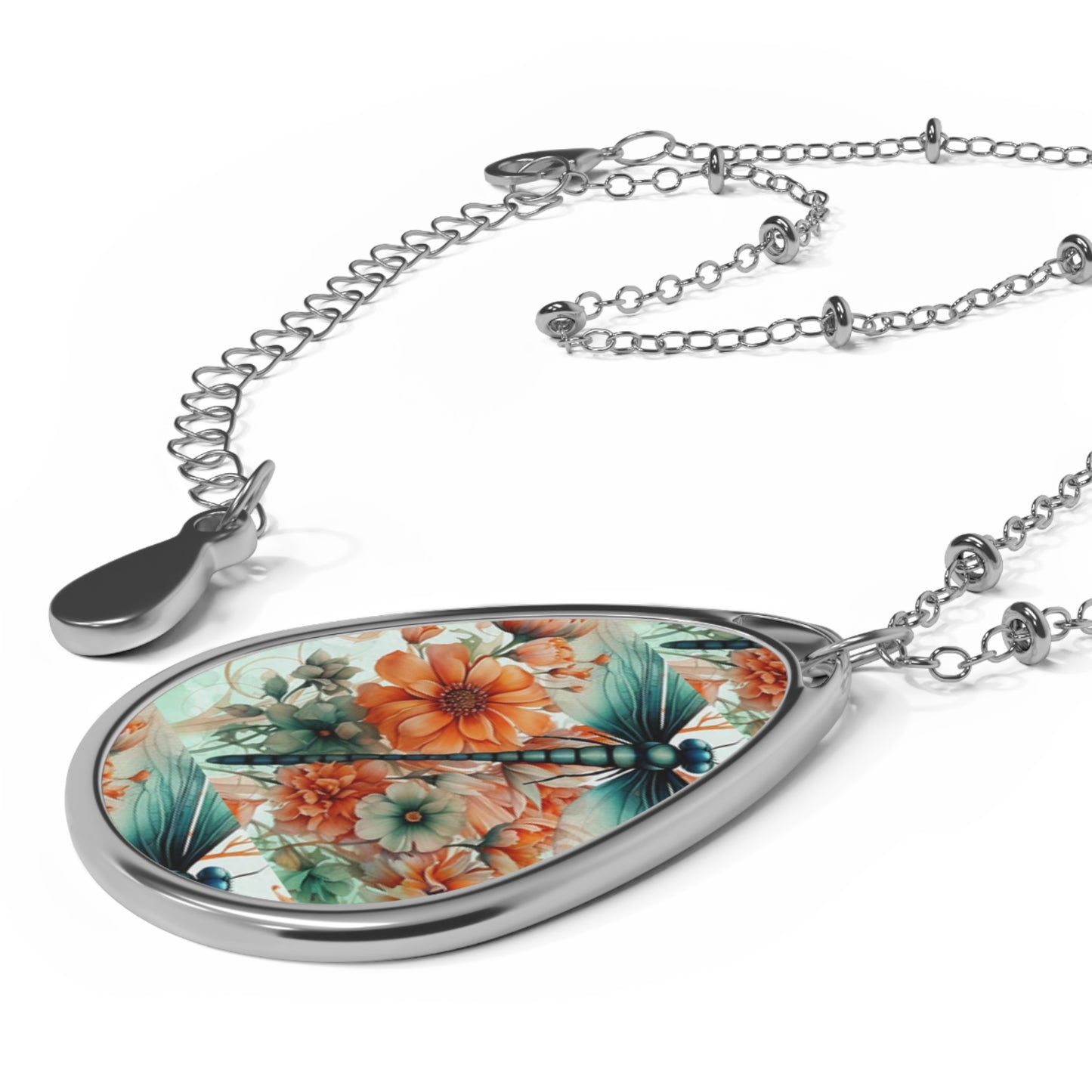 Floral Teardrop Pendant Necklace — Oval Floral Photo Locket