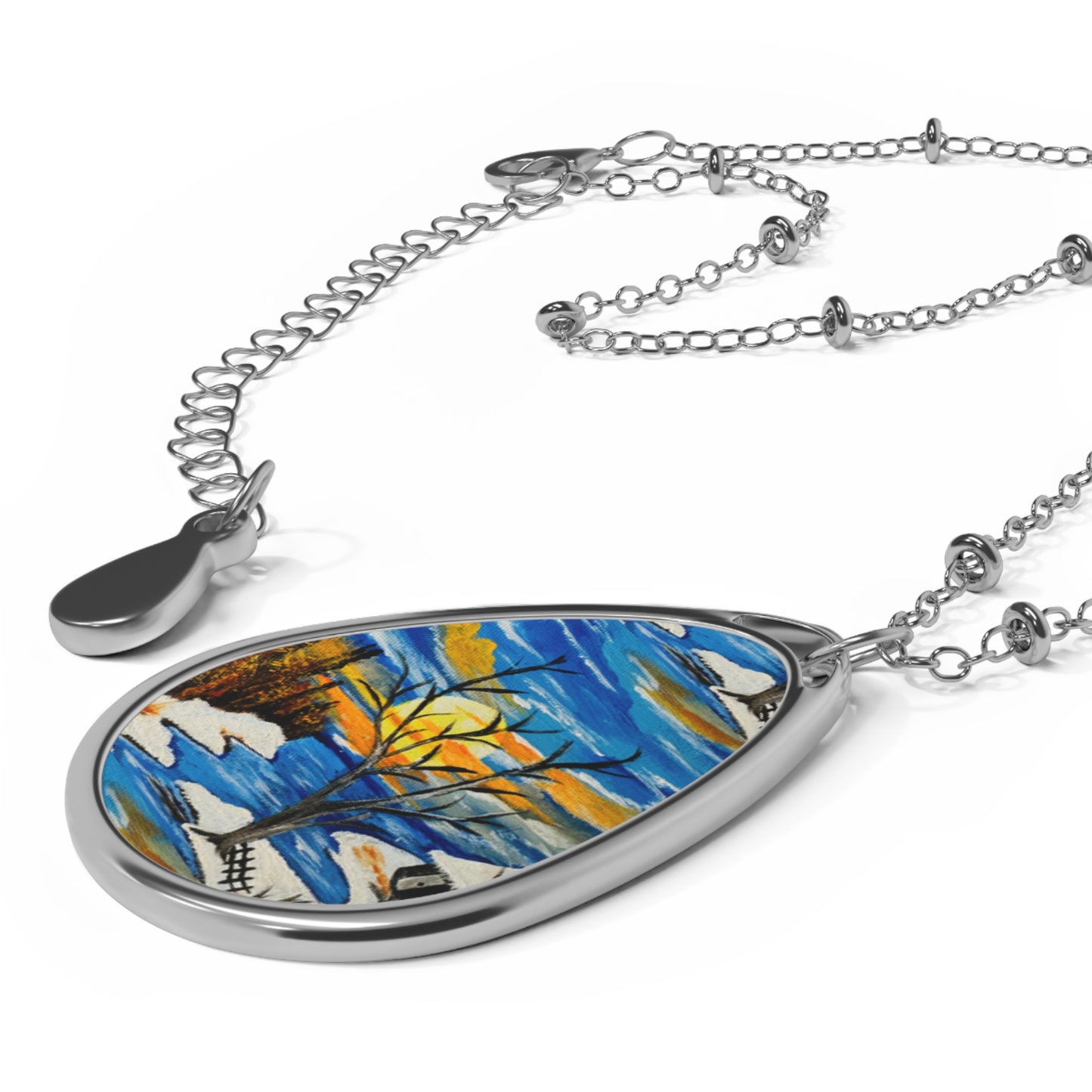 Oval Necklace — Scenic Sunset Landscape Teardrop Pendant Necklace