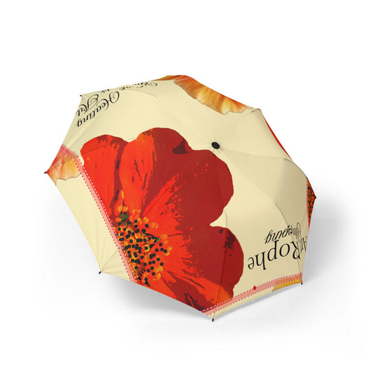 Foldable Umbrella – Red Floral Poppy Print, Semi-Automatic Compact Rain Umbrella