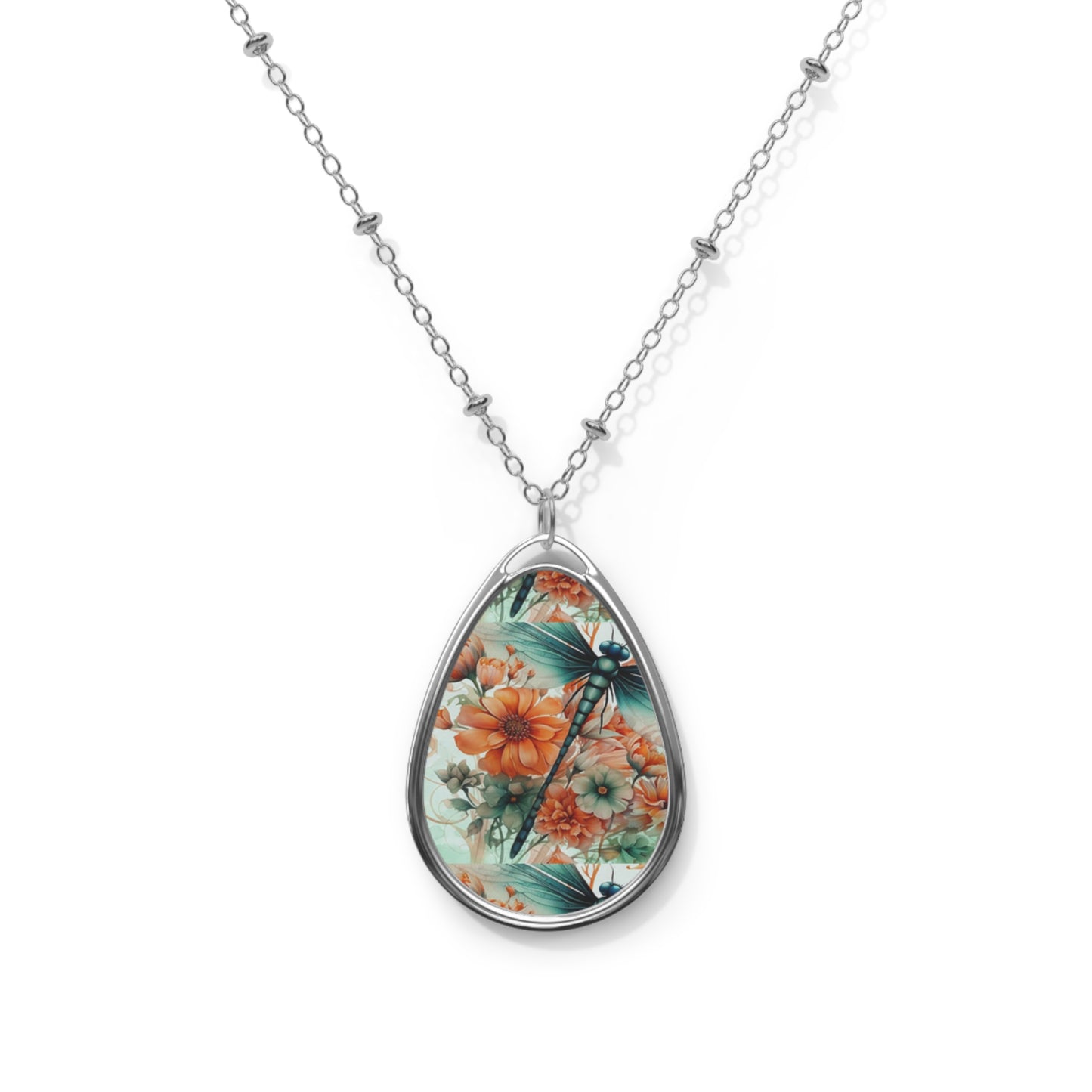 Floral Teardrop Pendant Necklace — Oval Floral Photo Locket