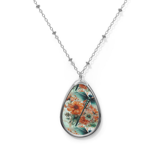 Floral Teardrop Pendant Necklace — Oval Floral Photo Locket