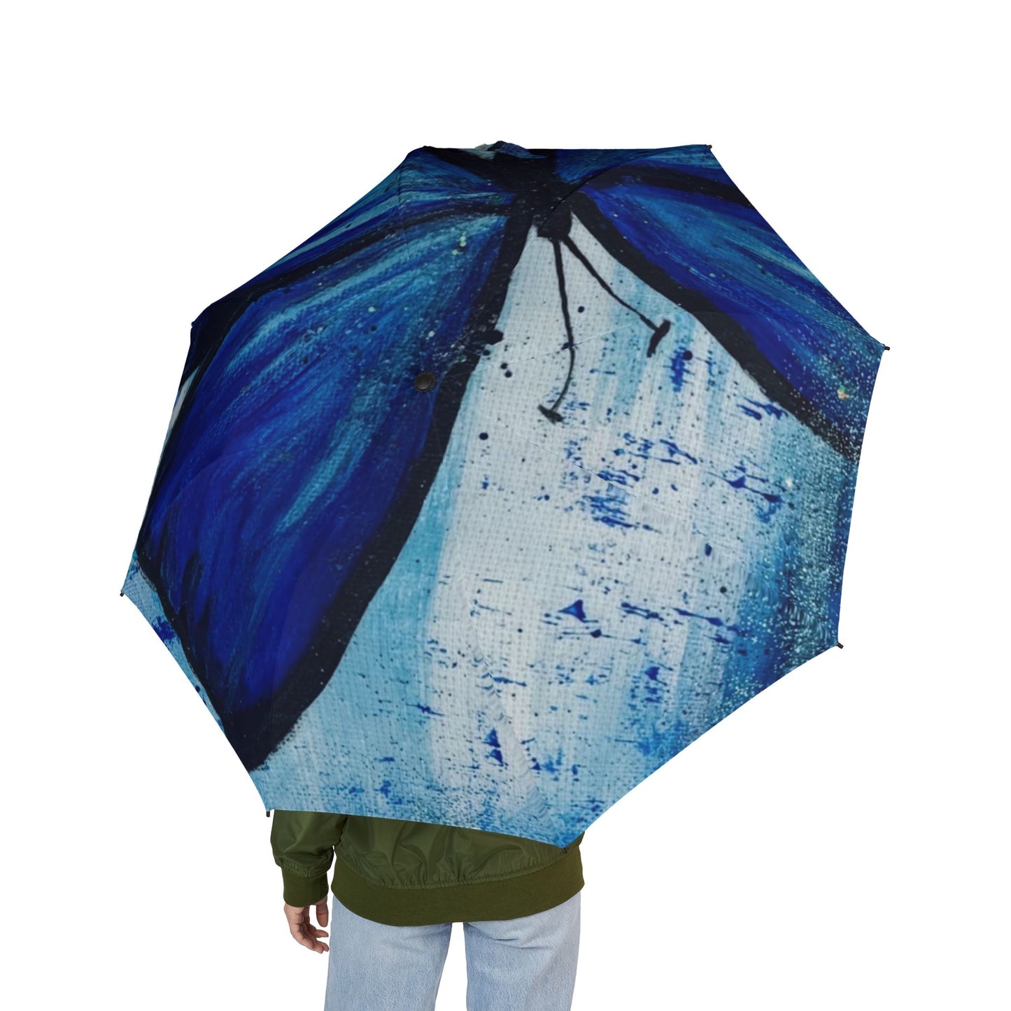 Blue Butterfly Foldable Umbrella — Semi-Automatic Compact Rain Umbrella